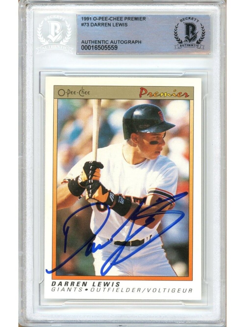 Darren Lewis Signed 1991 O-Pee-Chee Premier #73 SF Giants Beckett BAS Slabbed